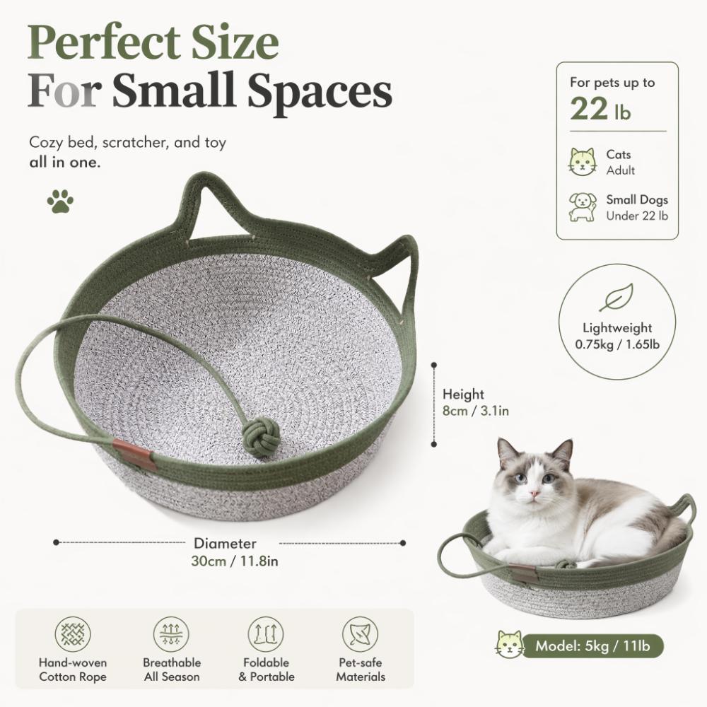 Hand-woven cotton cat basket interactive claw nest with rocking toy tail four-season breathable pet bed green cat nest + toy ball small