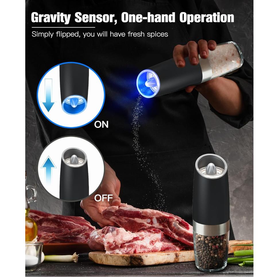 Набор из 1/2 электрических гравитационных мельниц для соли и перца, регулируемая степень помола, питание от батареек со светодиодной подсветкой, управление одной рукой для кухни