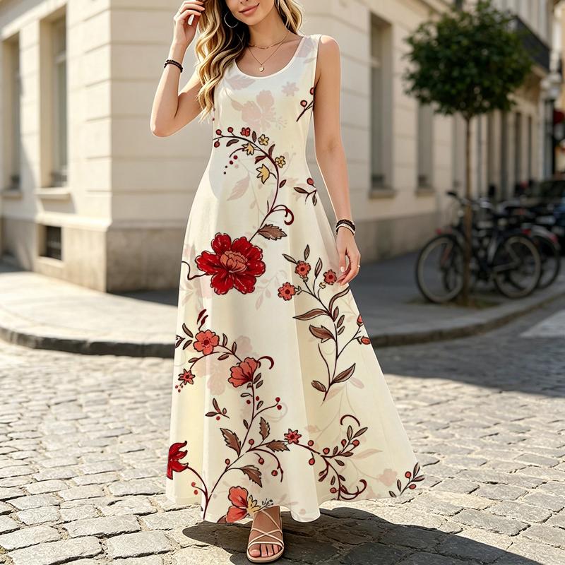 Women's Sleeveless Vintage Floral Maxi Dress,Lightweight Flowy Summer Long Dress,Elegant Versatile Outfit for Picnics,Casual Gatherings & Daily Wear