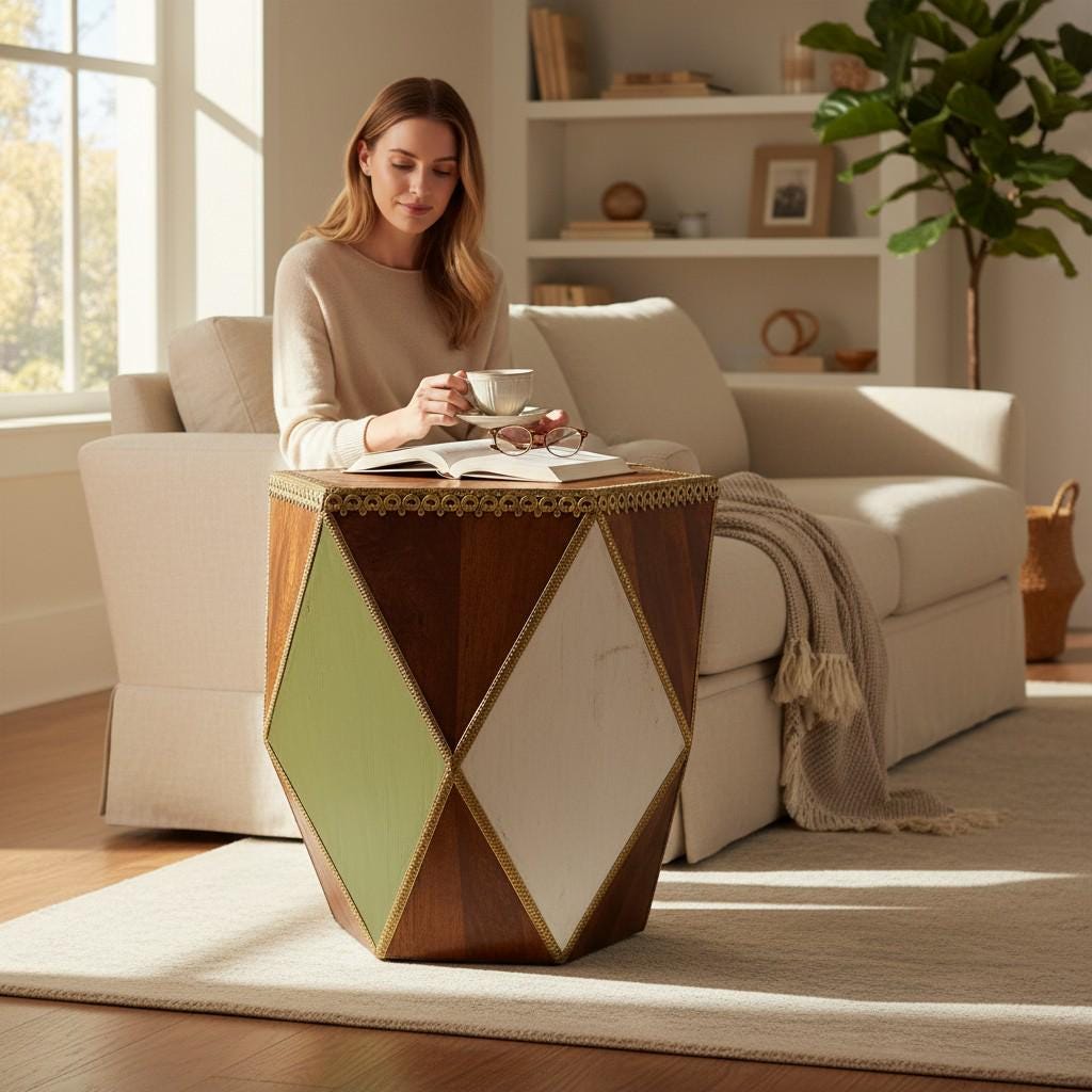 Wooden Coffee Table-India Central Home Decor Furniture-Hexagonal Side Table | Brass Inlay Accent Table | Geometric Boho End Table, Bedside