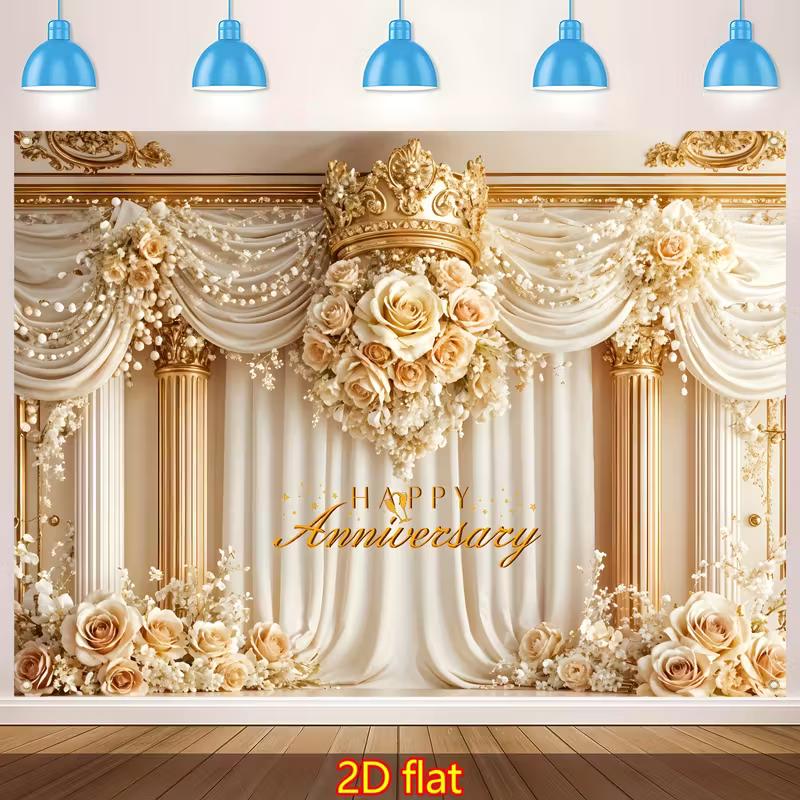 2D плоская печать «С годовщиной» с фоном из золотой короны и роз