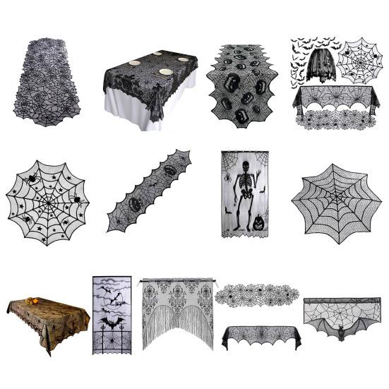 Halloween Tablecloth Decoration Black Lace Table Runner Round Spider Cobweb Table Cover Fireplace Mantel Scarf Lampshade Bat Wall Stickers for