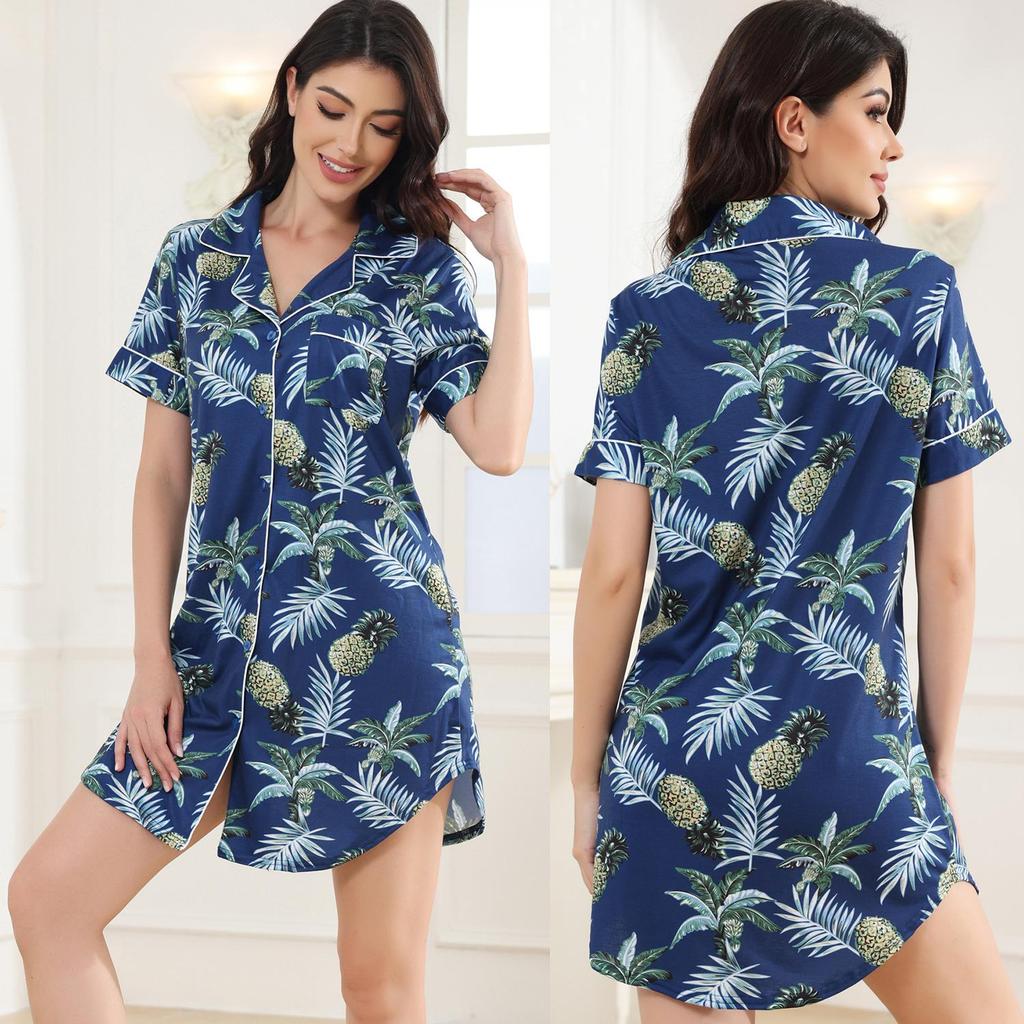 Женские ночные рубашки из модала с цветочным принтом, сексуальные ночные рубашки с воротником-лацканом, с короткими рукавами, свободная одежда для сна, летняя пижама