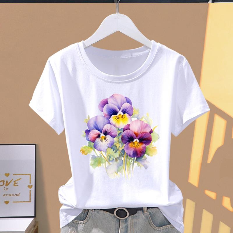(Asian Size) Graphic Tee T Clothing Casual Fashion Trend Flower Cute 90s Print Female Casual  Women's Top Lady Short Sleeve T-shirt
