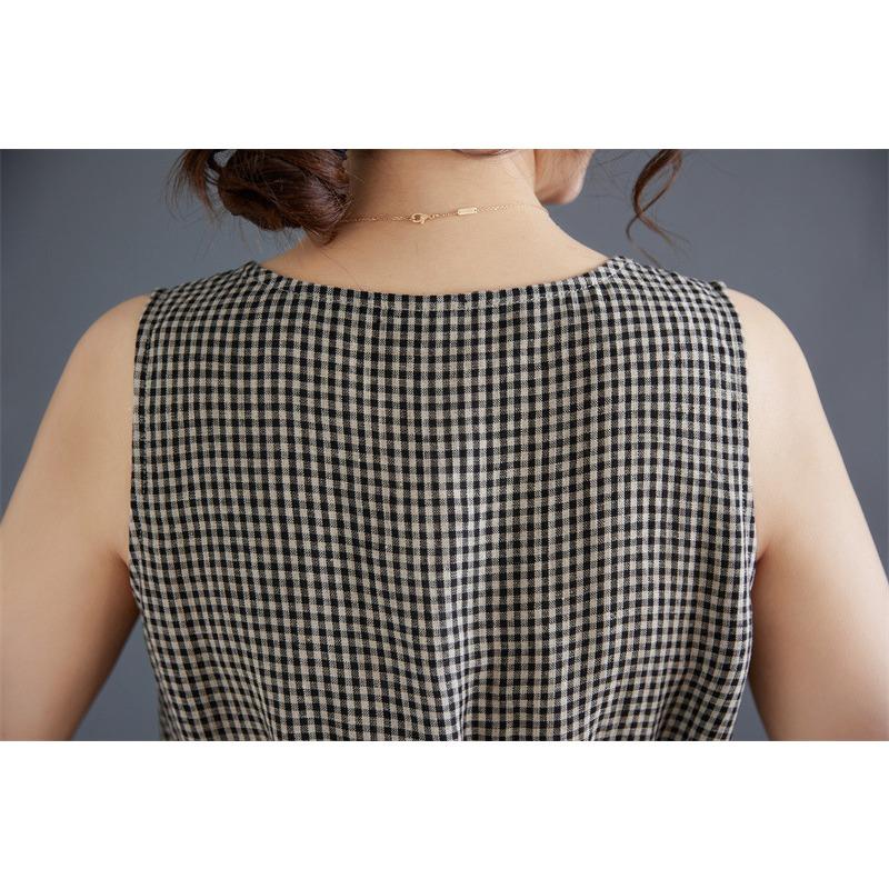 Vintage Plaid Tank Dress Crew Neck Sleeveless Base Dress Women's Long Summer Dress