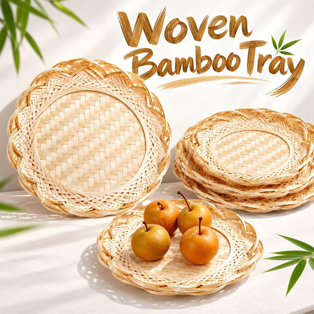 Round Woven Bamboo Tray Scalloped Edge Fruit Snack Serving Tray Kitchen Storage