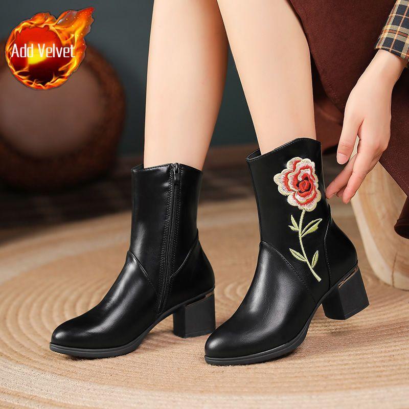 Обувь Туфли с острым носком для женщин, черные, до середины голени, на среднем каблуке, женские сапоги, полувысокие, удобные и элегантные, весна 2024, шикарные