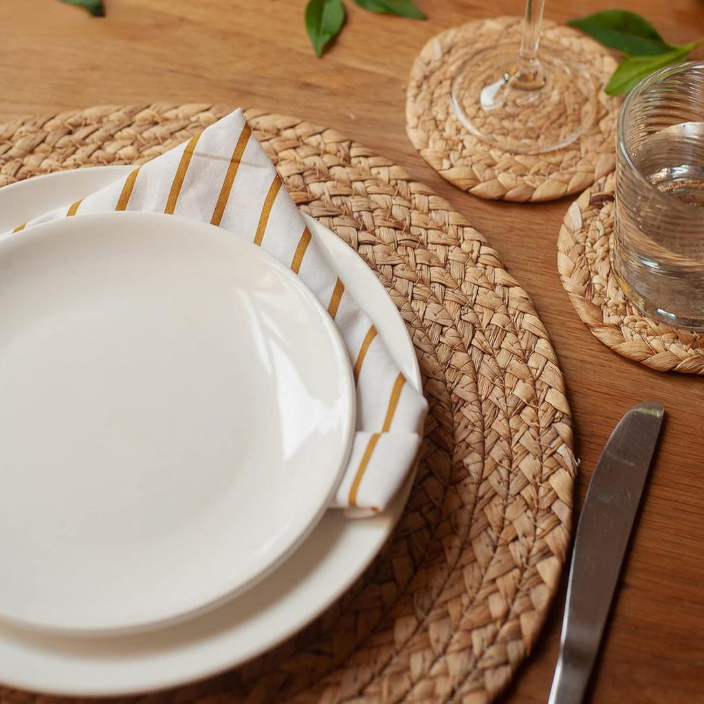 Set of 6 Boho Placemats with Coastor Handmade Natural Water Straw Woven Table Mats Farmhouse Style Placemats for Dining Table