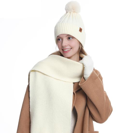 3Pcs/Set Winter Knitted Scarf Gloves Set Pom Pom Ball Double Layer Thickened Brimless Hat Touchscreen Gloves Neck Warmer Set