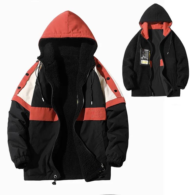 Осенне-зимняя новая куртка большого размера из овечьей шерсти с двух сторон для ношения на хлопковой подкладке, модная лоскутная куртка плюс флисовое толстое пальто, мужская одежда