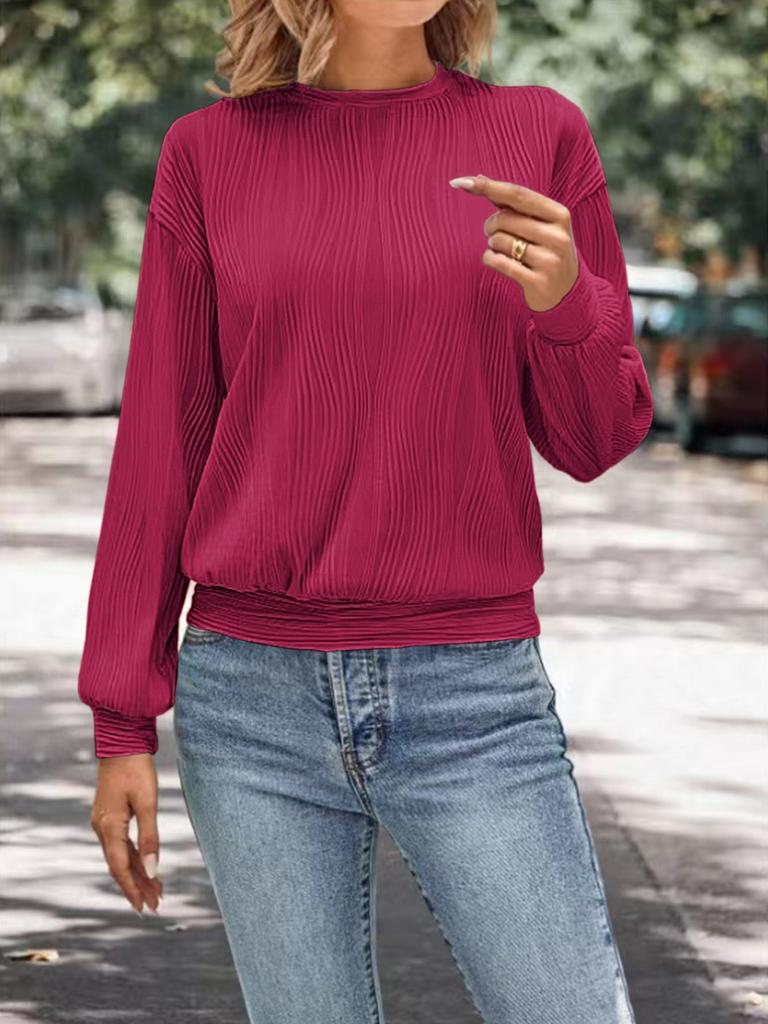 Женская модная футболка с заниженной линией плеч, с длинным рукавом, с текстурой, с круглым вырезом, повседневный топ