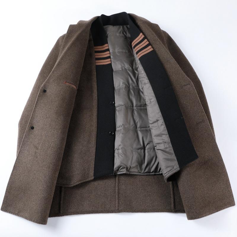 Двустороннее кашемировое пальто для мужчин, шерстяная ветровка средней длины из двух частей, утепленное пальто на пуху для папы среднего возраста