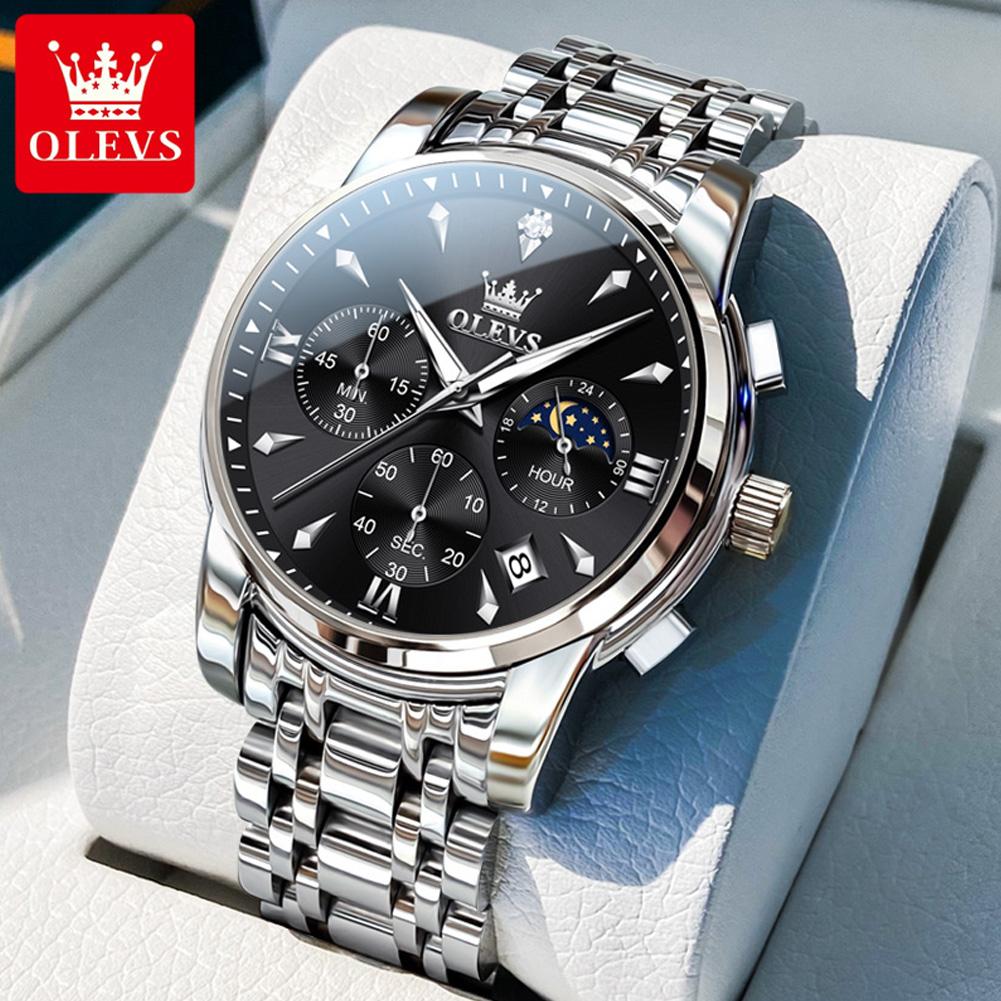 OLEVS 3639 Watches for Men Auto Date Waterproof Moon Phase Chronograph Stainless Steel Original Quartz Man Wrist Watch New