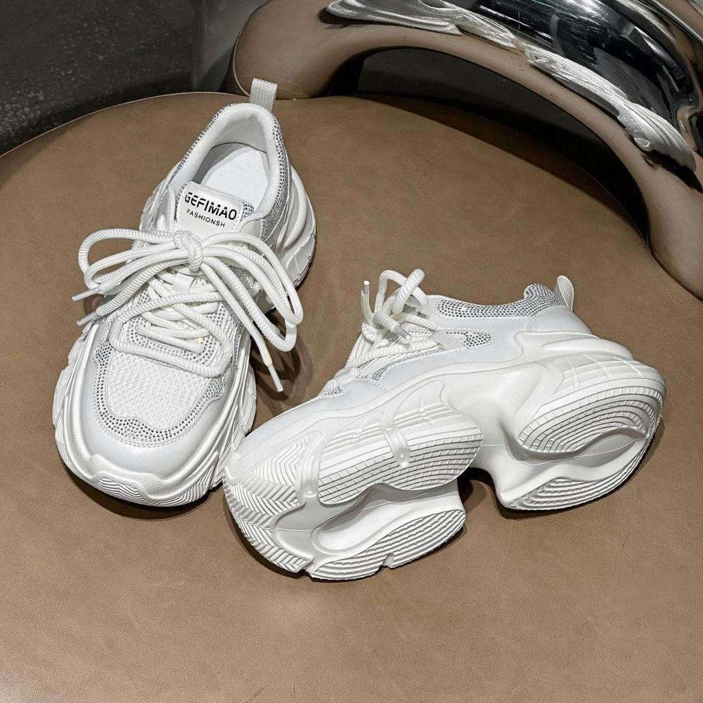 Silver Platform Versatile Dad Shoes Women's 2025 Spring New Heightening Muffin Women's Shoes Small Rhinestone Sneakers