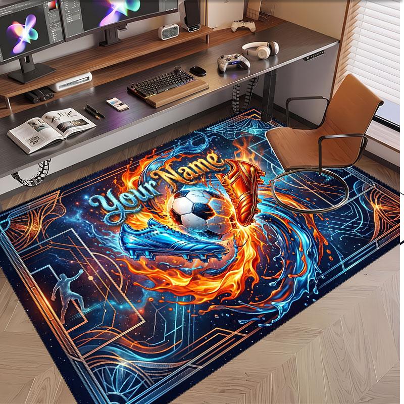 Soccer Theme Soft Crystal Velvet Rug Custom Name & Text Print Non Slip Floor Rug for Bedroom Living Room