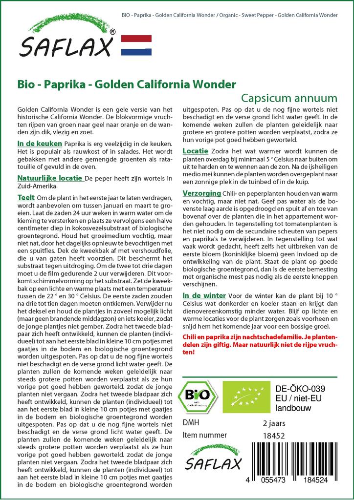 SAFLAX Garden in the Bag - Органический - Перец сладкий - Golden California Wonder - 20 семян - С субстратом в подходящем пакете - Capsicum annuum