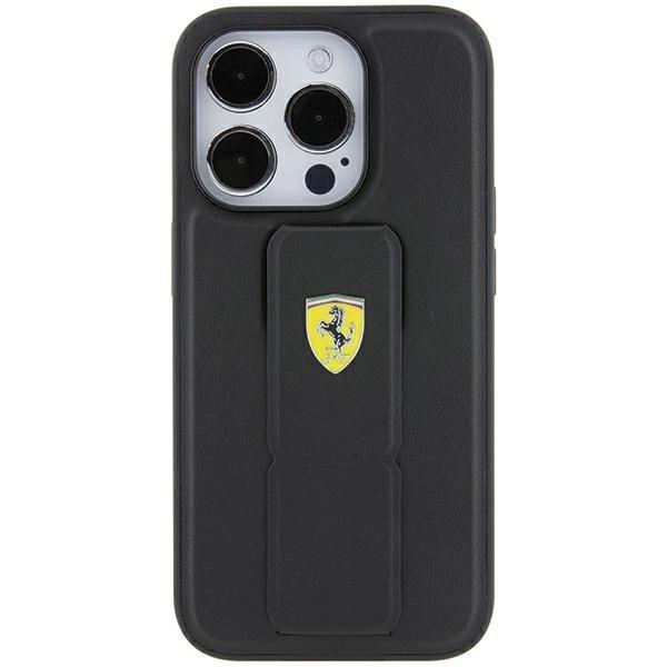 Ferrari Grip Stand Metal Logo Case For Iphone 15 Pro - Black