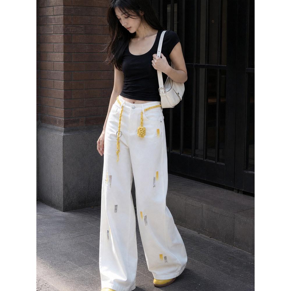 White jeans women's summer thin loose straight high waist drape thin and high casual versatile wide-leg trousers