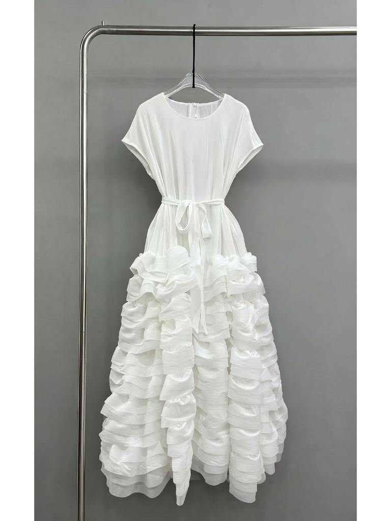 Elegant French Ruffle Waist-Cinching Patchwork Pleated Cake Skirt with Lace-Up Detail