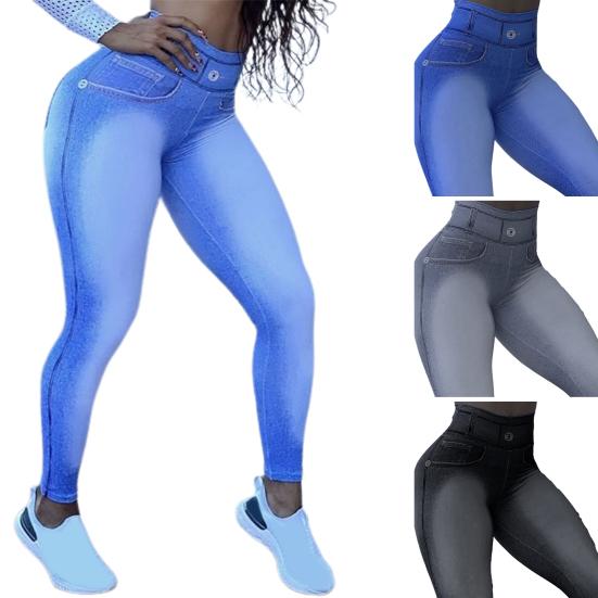 Yousheng High Waist Pockets Tummy Control Butt Lifting Fitness Leggings Gradient Color Push Up Imitation Jeans Skinny Women Yoga Pants Activewear