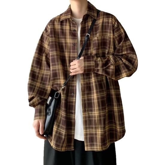 Рубашка в клетку с принтом в стиле ретро, ​​пальто, свободная рубашка с длинными рукавами и лацканами, однобортная мужская повседневная куртка с карманами
