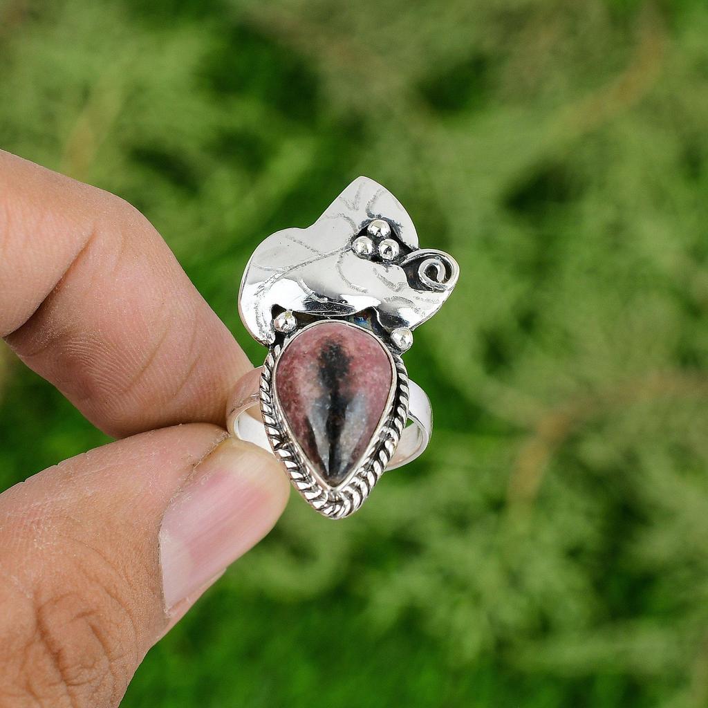 Wedding Gift For Her 925 Silver Natural Rhodonite Stackable Ring Size 7.75