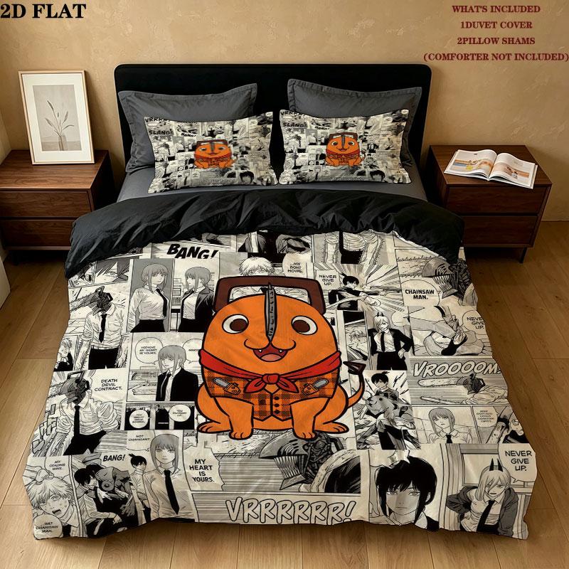 Chainsaw Man Pattern Bedding Quilt Set Quilt Cover Pillowcase Home Birthday Gift(1 * duvet cover + 2 * pillowcase, without core)