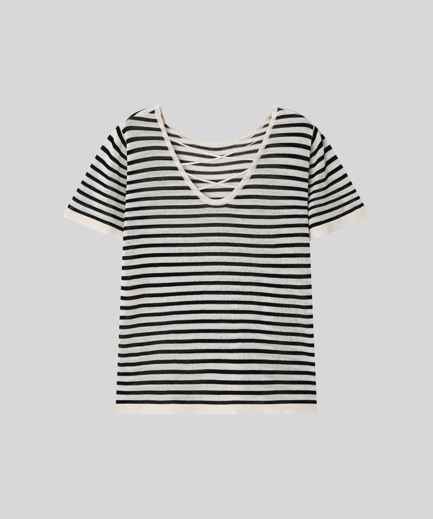 OCCUR Two-Way Cool Viscose V-Neck Short Sleeve Knit, Striped Ivory