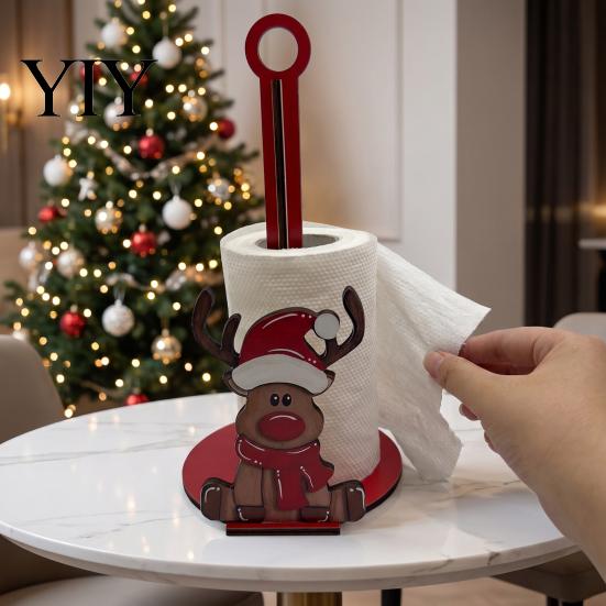 Christmas Table Decorations Paper Towel Holder for Kitchen Countertop, Retro Santa Elk Wooden Festive Dispenser Stand, Farmhouse Holiday Standard