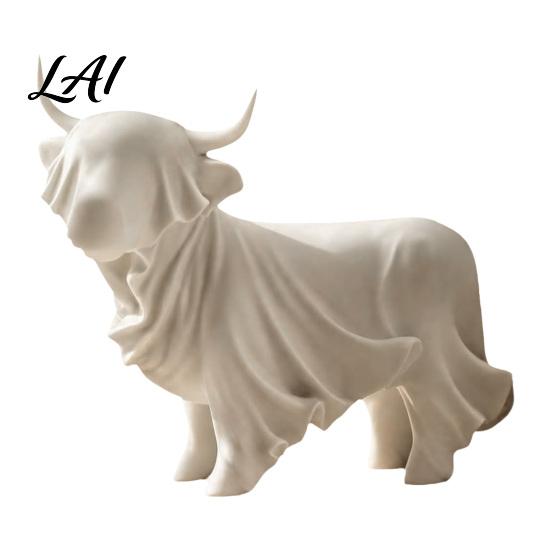 One-Piece Cow Sculpture Decor 3D Printed Highland Ghost Statue Halloween Yak Figurine Stable Home Minimalist Animal for Office Shelf Pleated Fabric