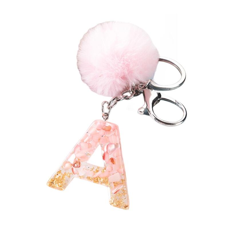 Stylish Keychain With Fluffy Ball And Gold Foil Letters Car Bag Pendant