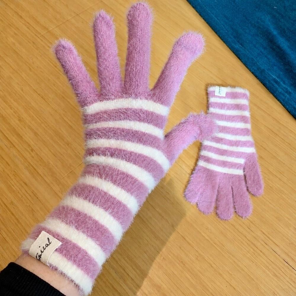 Fuzzy Winter Warm Gloves Striped Pattern Full Finger Gloves Soft Thermal Gloves  For Women