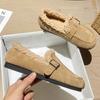 Real Cow Suede Loafers Woman Wool Moccasins Slip On Round Toe Belt Buckle Curly Fur Liner Flats Female Comfy Cotton Shoes Winter