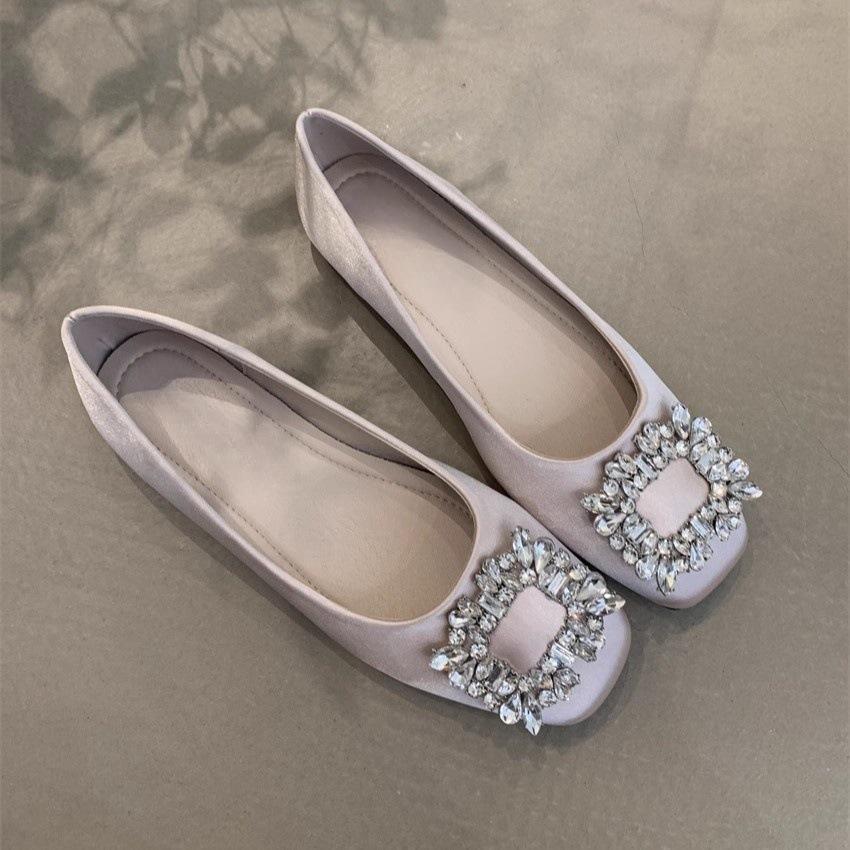 Нежные одинарные туфли новый темперамент квадратная пряжка стразы неглубокий вырез плоская подошва для работы плавающие туфли