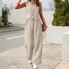Women's Summer Two Piece Outfit Sleeveless V Neck Button Down Vest High Waist Wide Leg Pants Set Casual Office Lady Suit