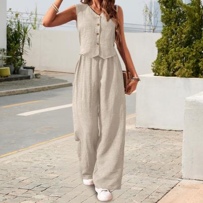 Женский летний комплект из двух частей: безрукавка с V-образным вырезом, жилет на пуговицах, высокая талия, широкие брюки, повседневный офисный женский костюм