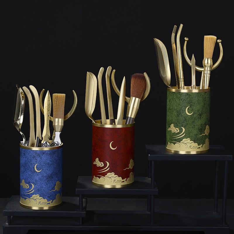 Brass Pen Holder With Colorful Lacquer Finish Decorative Desktop Organizer Office Home Tea Set Accessory