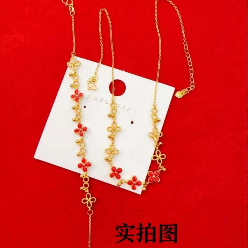 Gold-Tone Floral Four-Leaf Clover Necklace Bracelet Set Women Minimalist O-Link Chain With Enamel Charm Adjustable