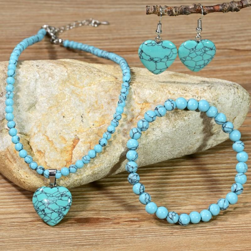 Handmade Turquoise Blue String Heart Drop Bell Pendant Necklace Beaded Bracelet Set Women Vintage Boho Jewelry