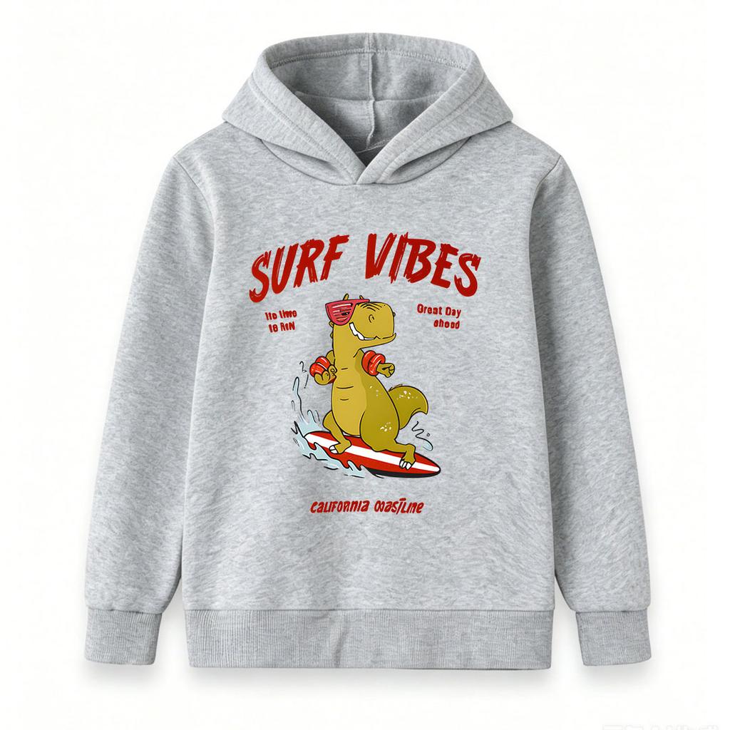 Kids Boys Girls Surf Vibes Dinosaur Print Pullover Hoodie, Casual Long Sleeve California Coast Cartoon T-Rex Hooded Sweatshirt for Children Daily Wear