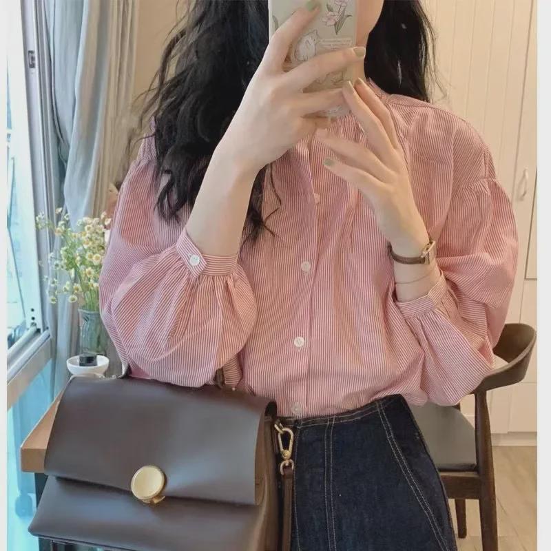 2025 Korean Style Pink Striped Summer Shirt for Women - Chic French Design
