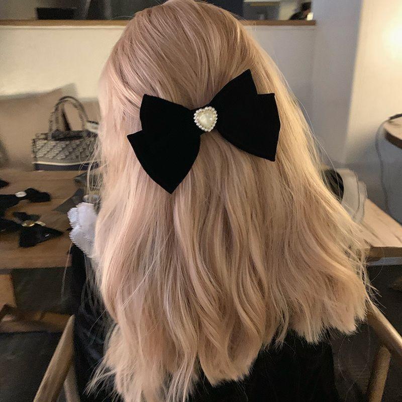 Cat Eye Heart Bow Velvet Hair Clip Women Retro Wine Red French Elegant Pearl Back Head Hair Accessories