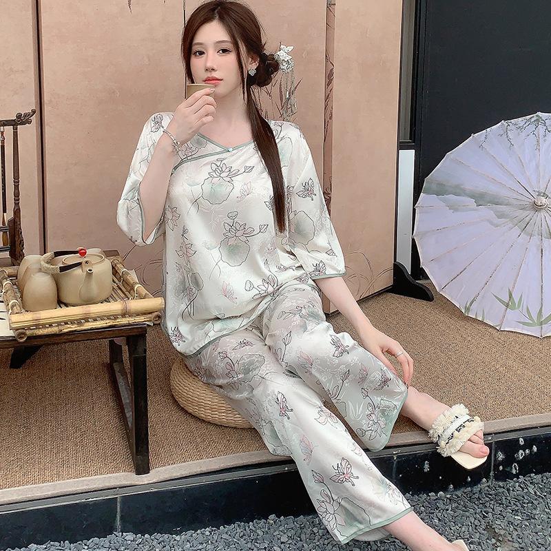 National style printed trousers medium sleeves antique home ice and snow silk jacquard ice silk pajamas women's summer new home clothes