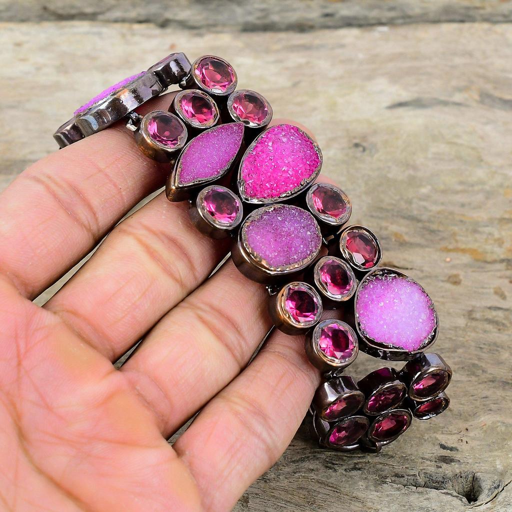 Розовый браслет с друзами, гальванический медный браслет, регулируемый браслет-цепочка, браслет с розовым турмалином и драгоценными камнями, ювелирные изделия ручной работы, подарок для него