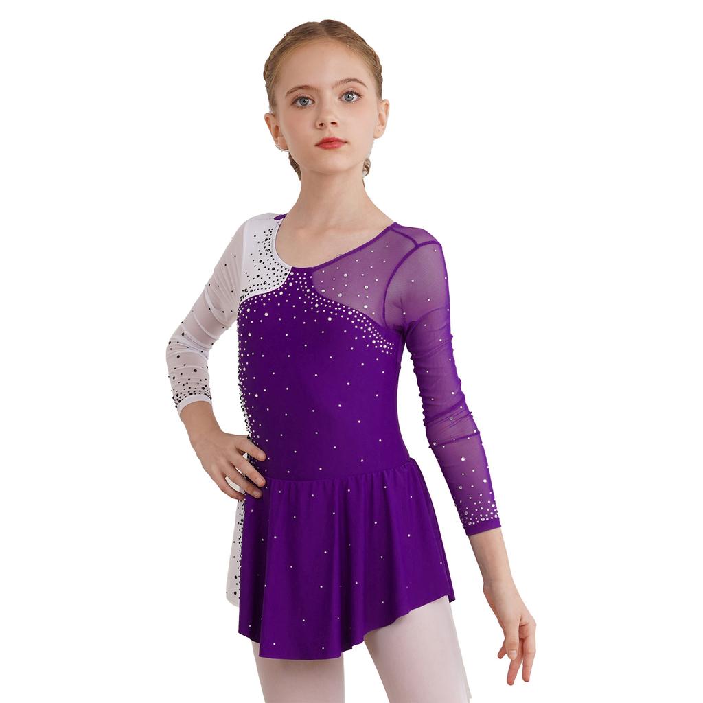 Kids Girls Stylish Dance Wear Long Sleeve Rhinestone Decor Contrast Color Skating Dresses