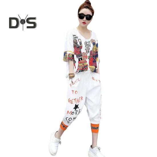 Женская футболка, комплект из 2 шт./компл., комплект брюк в стиле хип-хоп с принтом и V-образным вырезом, топ с короткими рукавами, укороченные брюки с ремешками на щиколотке, уличная одежда, дорожная повседневная одежда