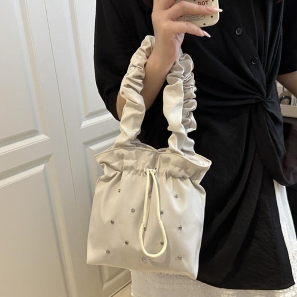Sweet Nylon Shoulder Bag Large Capacity Drawstring Handbag Stylish Pleated Tote Bag Female