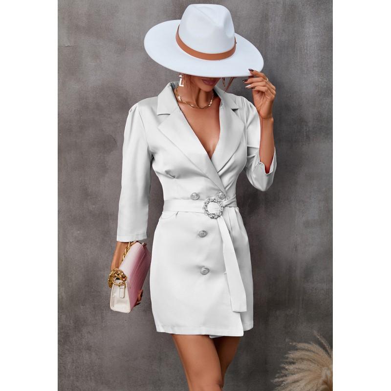 Womens 3/4 Sleeve Blazer Dress Solid Color V Neck Mid Waist Mini