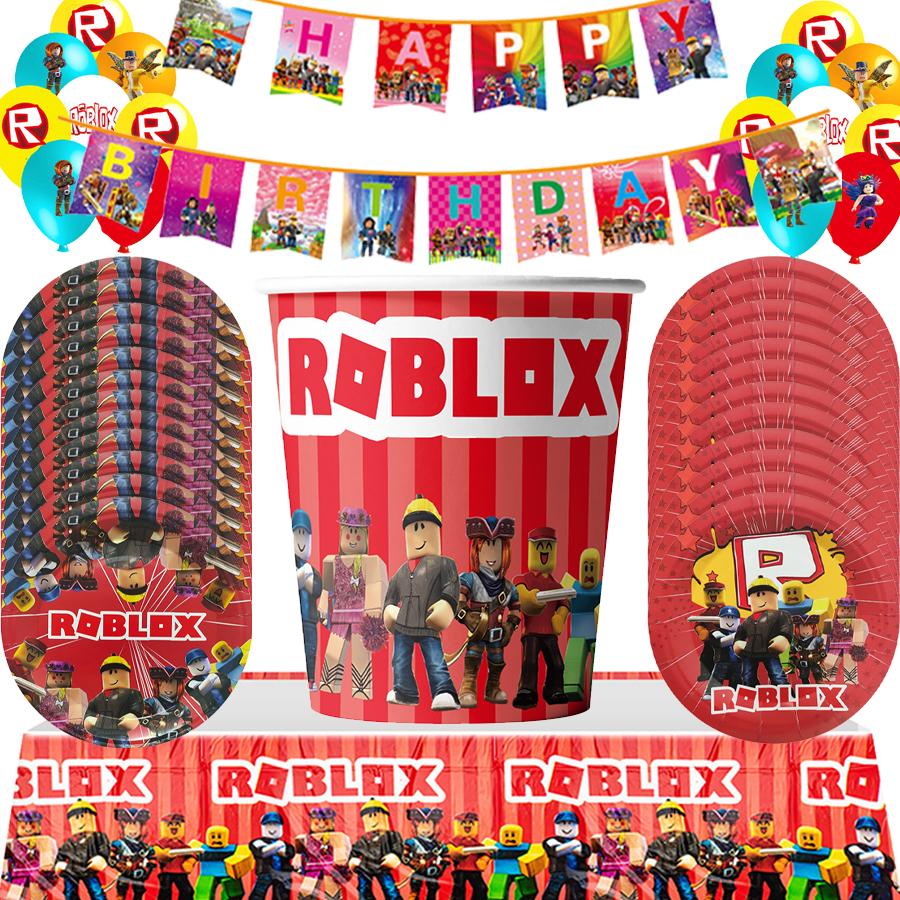 Roblox Themed Foil Latex Balloons Set for Birthday Party Decoration Includes Tableware Cups Cake Topper Backdrop Spiral Supplies