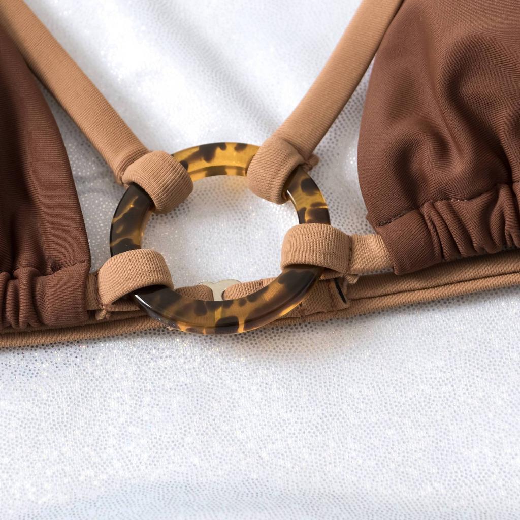 Women's Split Halter Neck Solid Color Patchwork O-String Bikini Sets